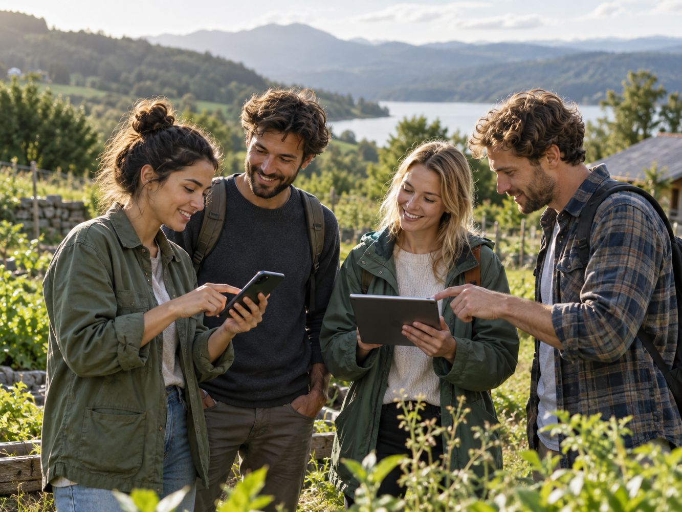 Gruppo di amici in un paesaggio verde